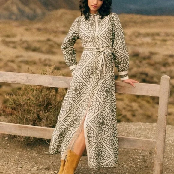 Sézane Silvana dress in a green geometric pattern ecru green - Picture 3 of 16